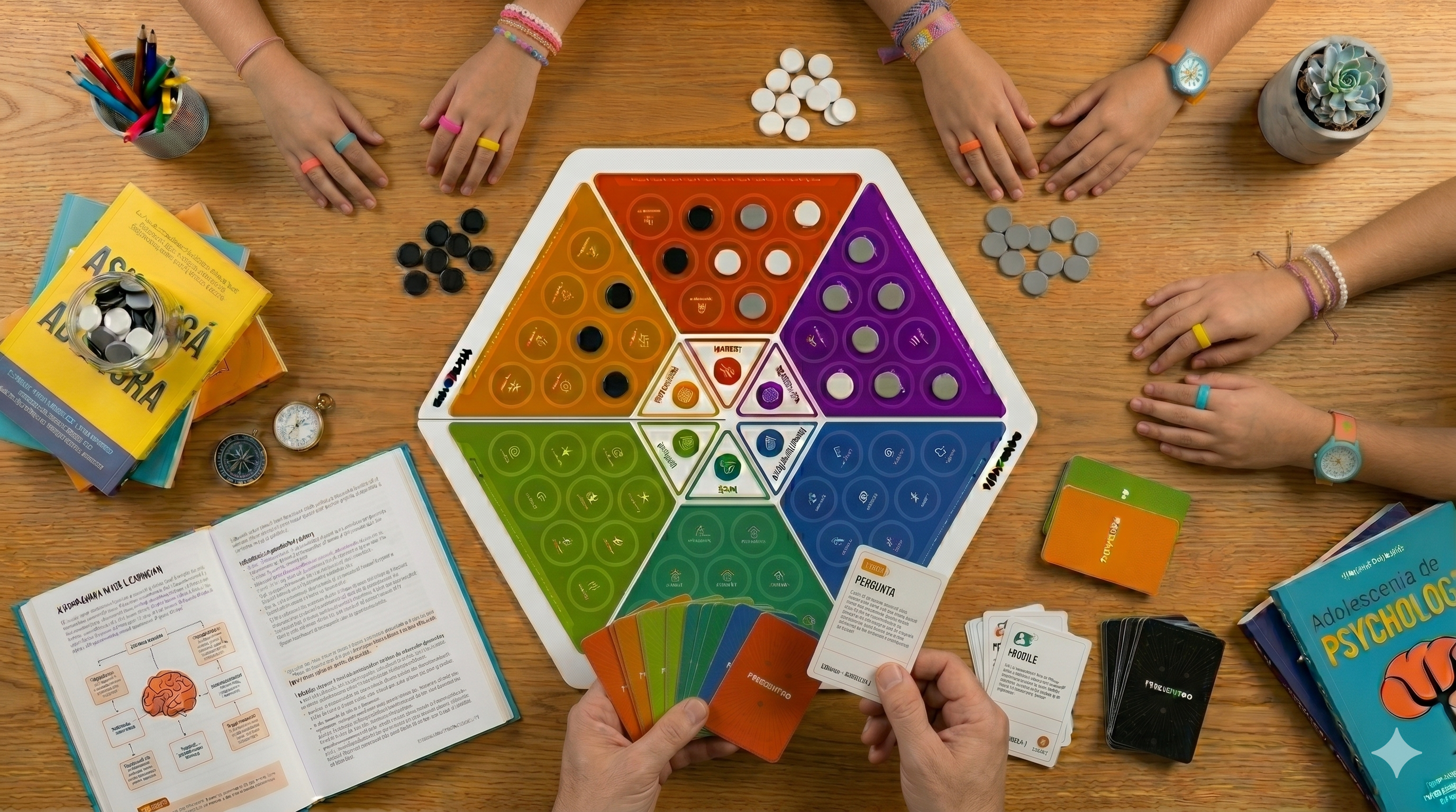 Jogo físico Trammpo sendo usado em uma mesa de orientação vocacional