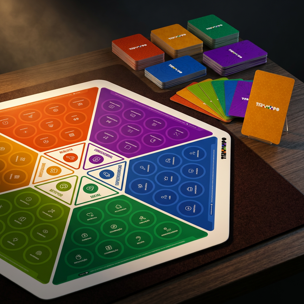 Detalhe do tabuleiro e das cartas do jogo impresso Trammpo