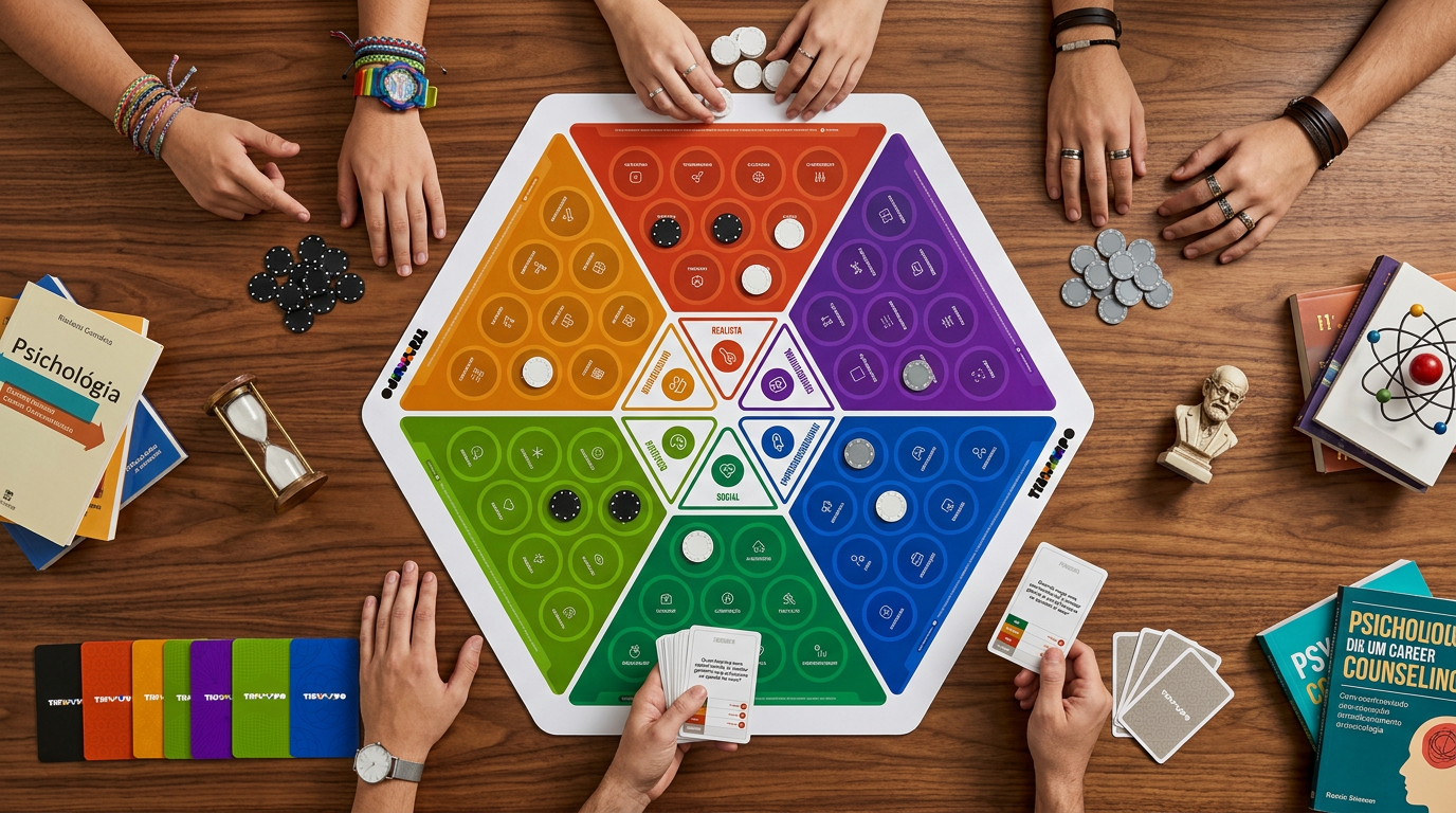 Jogo impresso Trammpo em uma mesa com tabuleiro, cartas e participantes